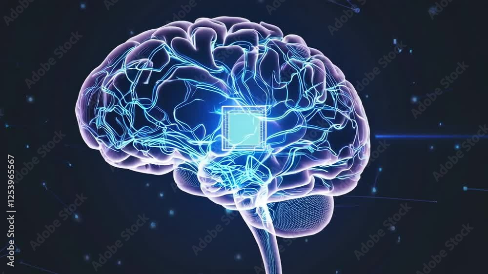 Poster Glowing blue human brain featuring a chip emitting data in a dark digital environment, creating a futuristic concept of neural interface technology