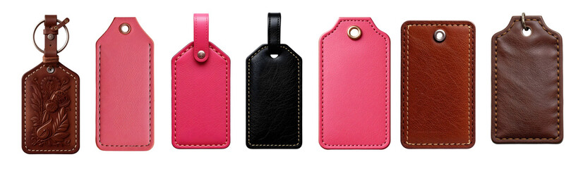 A collection of leather tags with different colors and designs isolated on a transparent background. PNG