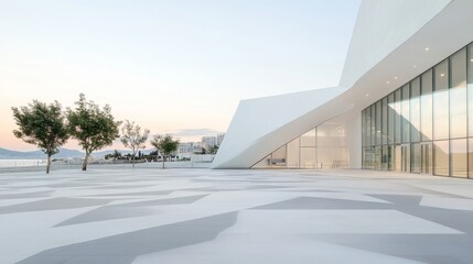 Obraz premium Modern architectural design featuring smooth lines and geometric shapes in a serene outdoor space under gentle evening light, showcasing a contemporary urban environment.