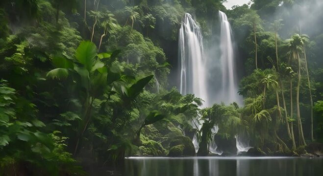 A misty waterfall in a tropical jungle, with parrots flying overhead 4K