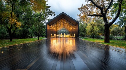 Fototapeta premium Modern architectural structure amid colorful autumn trees reflecting on the wet wooden pathway in a tranquil natural setting, featuring a serene atmosphere and artistic elements