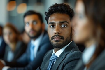 Fototapeta premium Male Manager Sitting Bored During Colleague's Presentation at Office Meeting