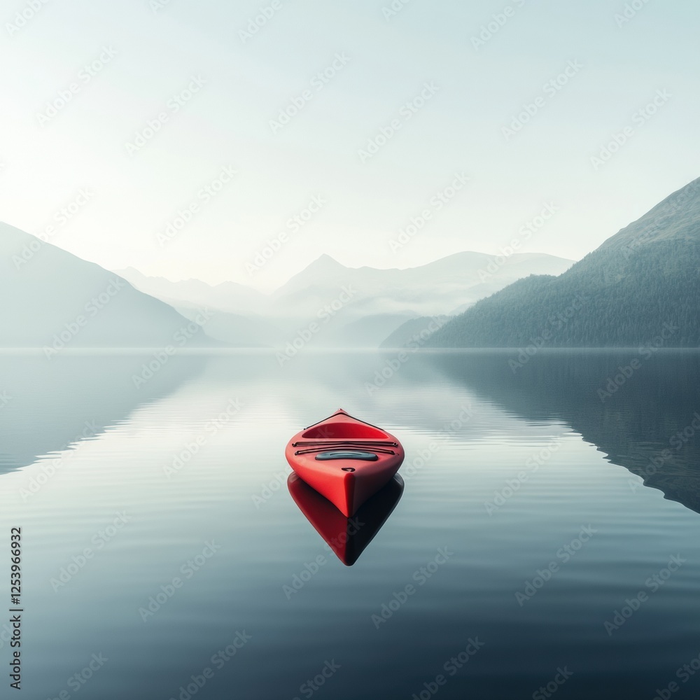 Poster lone kayak drifting on a tranquil mountain lake surrounded by misty peaks at dawn. generative ai