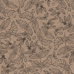 A seamless pattern featuring hand-drawn coffee plant branches, beans, and flowers on a brown background, ideal for packaging, textiles, and wallpapers.