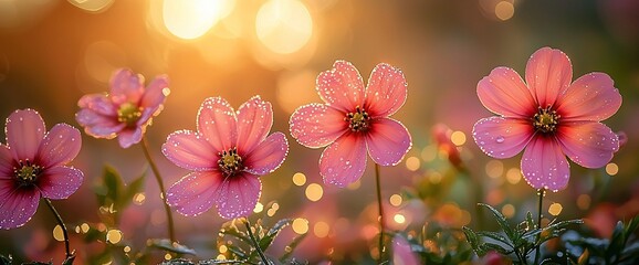 Fototapeta premium Dew-kissed pink flowers sunset garden bokeh romantic card