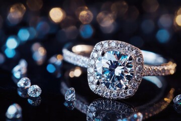Fototapeta premium A stunning close-up image of an elegant diamond ring showcasing its brilliance, surrounded by scattered diamonds, reflecting light beautifully in a soft bokeh background.