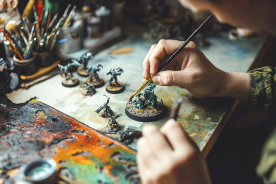 Intricate hand-painted miniature figures on artists desk with brushes and paints