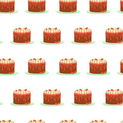 Delicious chocolate cakes with cream and cherries displayed in a repeating pattern