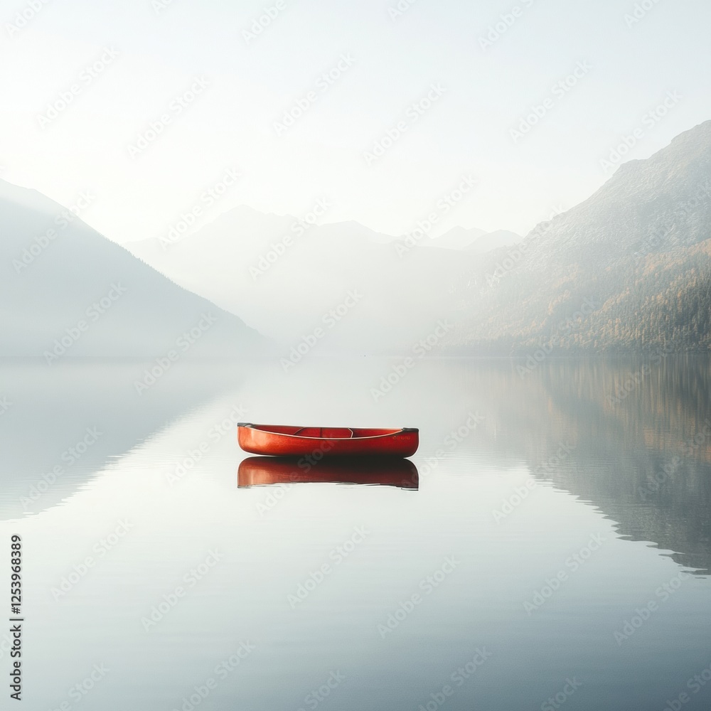 Poster kayak rests quietly on a serene mountain lake surrounded by misty hills at dawn. generative ai