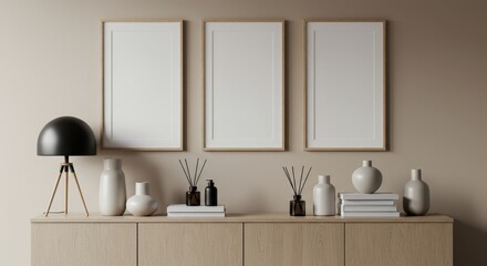 An elegant and modern shelf display with three blank wooden picture frames mounted on a beige wall