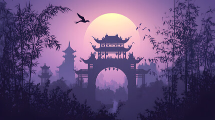 Obraz premium Ancient city silhouette background, purple gradient sky, flat vector illustration style 