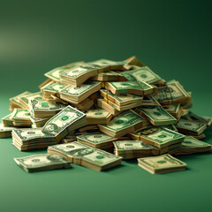 a 3d render a wad of high denomination American bills, on a green flat color background,