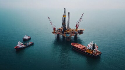 An aerial view of an offshore oil rig with drilling platforms and supply vessels in the ocean, Offshore oil rig scene, Marine and industrial style