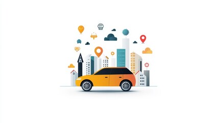 Fototapeta premium Colorful Illustration of a Yellow Car in a Cityscape with Various Navigation Icons and Vibrant Clouds, Representing Urban Transportation Concepts and Modern Mobility