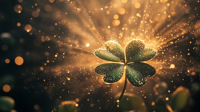 Lucky shamrock surrounded by golden rays for St. Patrick�s Day