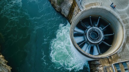 An aerial view of engineers in a hydroelectric power plant, managing turbines for sustainable energy production, Hydroelectric power scene