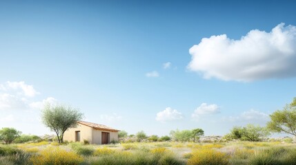 Serene Landscape with Isolated Cottage Surrounded by Lush Greenery and Vibrant Wildflowers Under a Bright Blue Sky with Soft, Fluffy Clouds