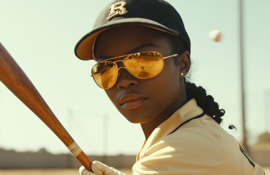 Confident female baseball player focuses before hitting while wearing reflective sunglasses
