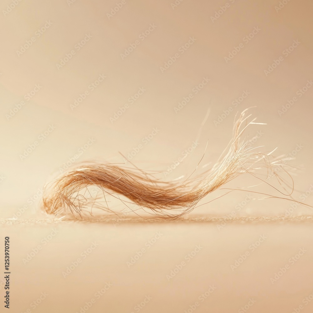 Poster Broken strand of hair on a smooth surface showcasing fine texture and natural color variations in soft lighting. Generative AI