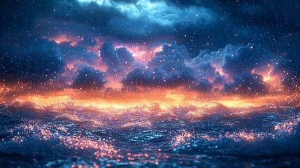 Fototapeta premium Dramatic ocean storm, fiery sunset, rain, waves, night, background, artistic, fantasy, illustration