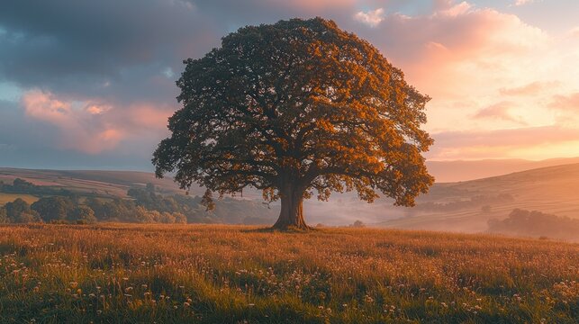 Solitary oak tree at sunrise, misty valley background, nature scene