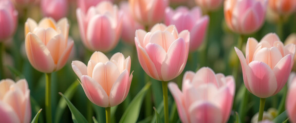 Fototapeta premium wide panoramic closeup photo of beautiful red and pink color blooming tulip flowers in a garden with copy space
