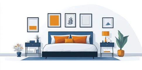 Modern bedroom interior with blue and orange color scheme furnishings