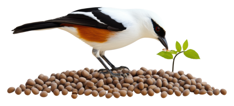 Bird foraging on seeds with a green sprout