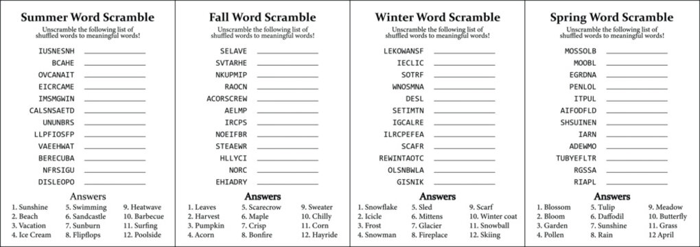 All Seasons Word Scramble and Puzzle, Fun Educational Game for Kids, Teens & Adults