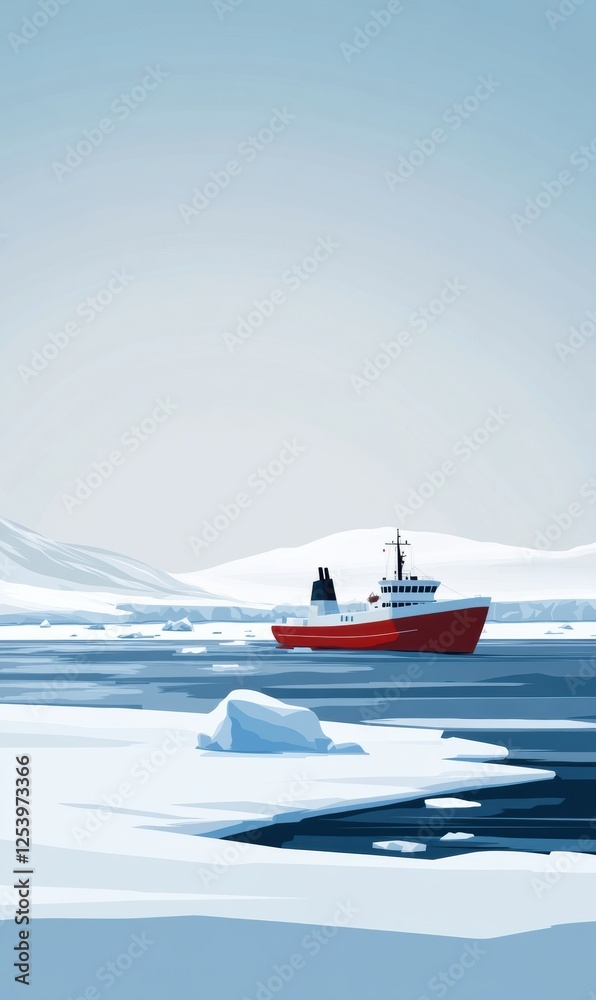 Aufkleber red ship navigating icy waters in a serene polar landscape under a clear sky during daytime. generat