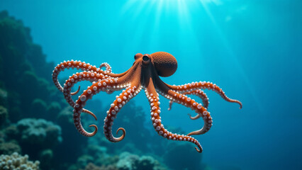 Naklejka premium An octopus swims gracefully in the clear waters of the ocean