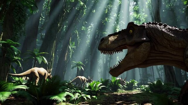 Slow motion video showcasing a tyrannosaurus rex pursuing a group of parasaurolophus dinosaurs through a dense, sun dappled prehistoric jungle environment