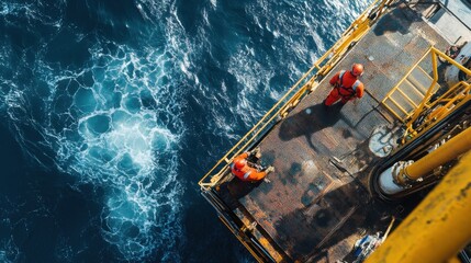An aerial view of engineers in an offshore oil rig, drilling for fossil fuels in deep ocean waters, Offshore oil drilling scene