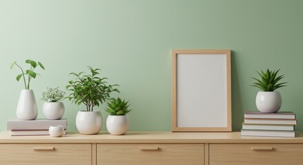 A wooden picture frame sits on a light wooden sideboard surrounded by various decorative potted plants and books