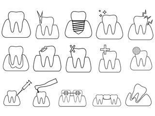 This is a collection of black and white teeth icons representing various dental diseases and treatments. Icons represent healthy teeth, tooth decay, tooth decay, braces, extractions, fillings, implan