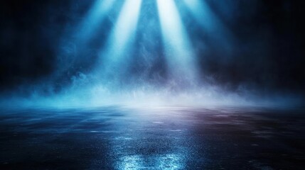 Dramatic Blue Spotlights On Dark Wet Floor