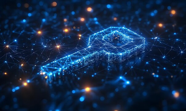 A glowing key outline against a dark background with connecting points of light creates a digital effect