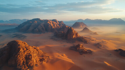 Aerial drone view of rocky desert landscape with towering red sandstone formations.