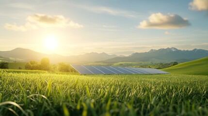 Fototapeta premium Picturesque Landscape Featuring Solar Panels in a Lush Green Field with a Beautiful Sunrise and Majestic Mountains in the Background for Sustainable Energy Promotion