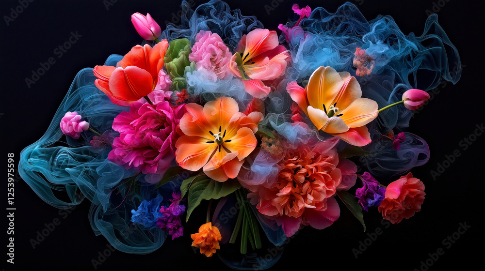 Poster Vibrant Floral Arrangement with Smoky Swirls on Black Background