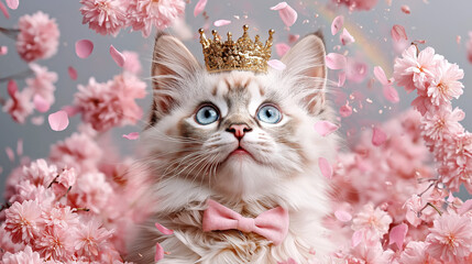 Regal Cat with Crown and Pink Bow Tie Amidst Falling Cherry Blossoms
