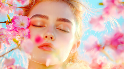 Serenity Amidst Blossom: Young Woman in Daylight Dreamscape with Cherry Blossoms