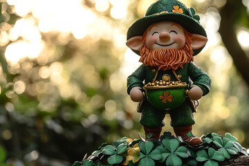 Leprechaun standing on shamrocks with pot of gold