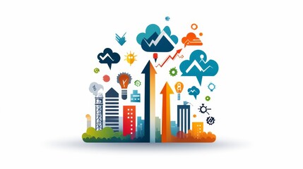 Vibrant Graphic Representation of Urban Growth with Clouds, Buildings, and Symbols of Innovation Depicting Data and Technology Advancements in a Modern Cityscape