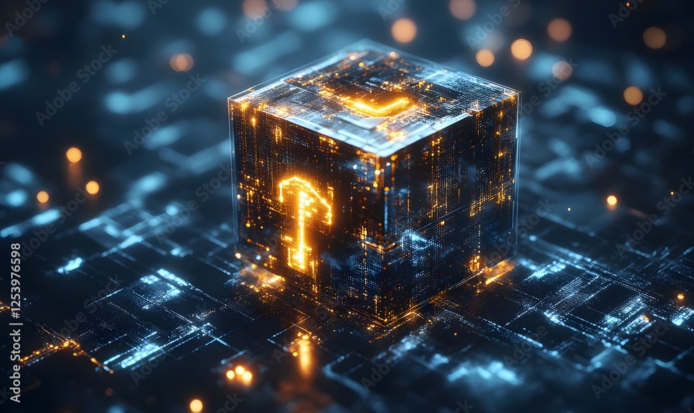 Poster a glowing key within a digital cube on a circuit board texture, symbolizing access to data security