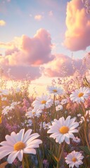 Daisies blooming sunset meadow, peaceful sky