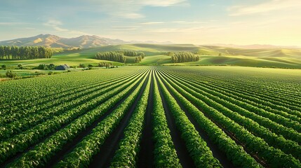 Food and water security are essential for sustainable living. Lush green farmland with rows of crops under a bright sky.