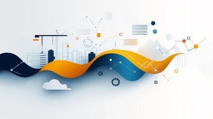 Abstract design featuring a vibrant wave motif with modern city skyline silhouette, construction elements, and data visualization patterns in blue and gold tones