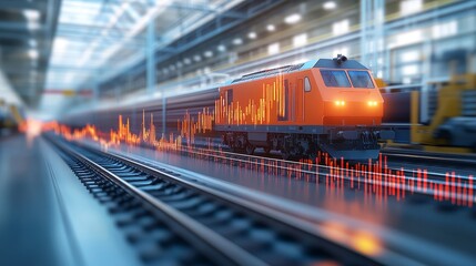 Fototapeta premium Dynamic Train in Motion with Blurred Background and Sound Wave Visualization, Capturing the Essence of Speed and Technology in a Modern Rail Environment