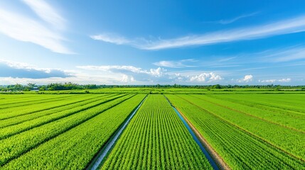 Food and water security are essential for sustainable living. Vast green rice fields under a clear blue sky.